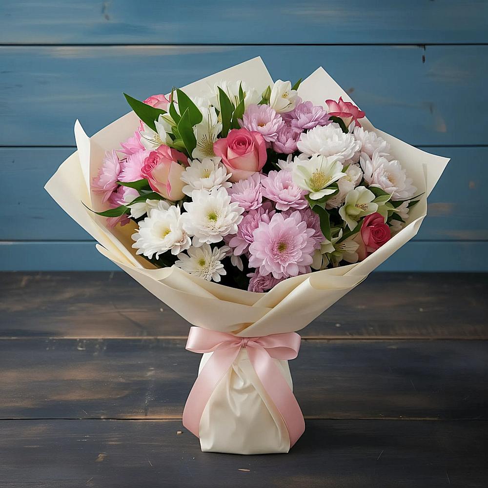 Букет цветов из: Хризантемы, Альстромерии и Розы в Хоринске